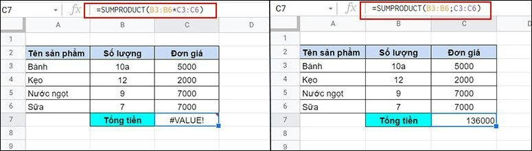 Cách sử dụng hàm SUMPRODUCT trong Google Sheet tính tích tổng